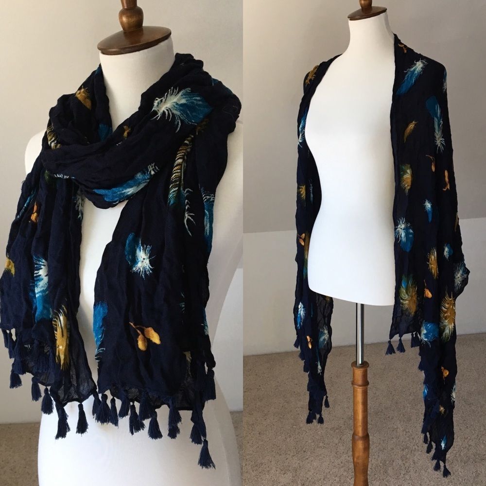 Long Navy Feather Print Scarf with Fringe/Tassles 72x28in (6ft)